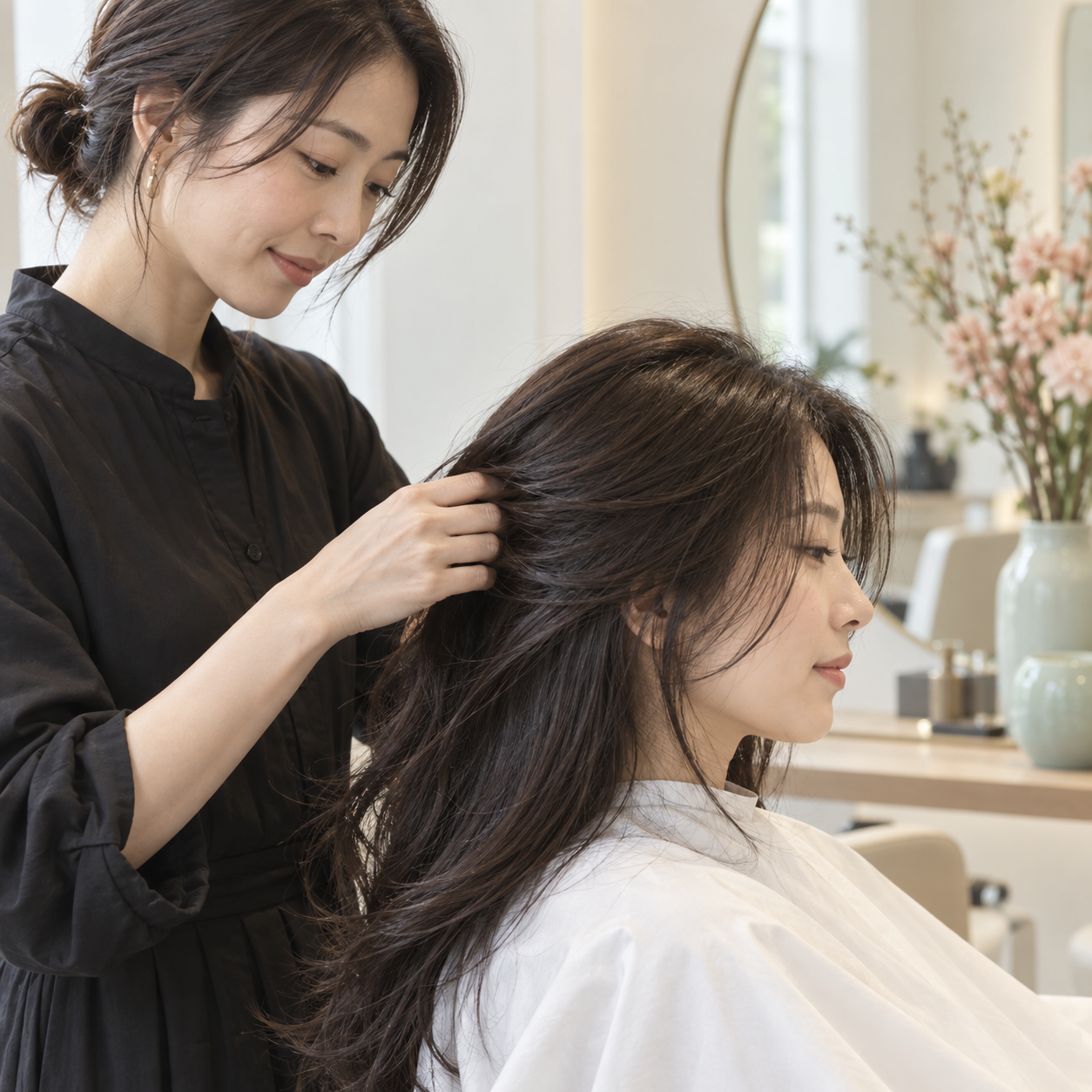 美容師が髪を整える実写調の生成イメージ